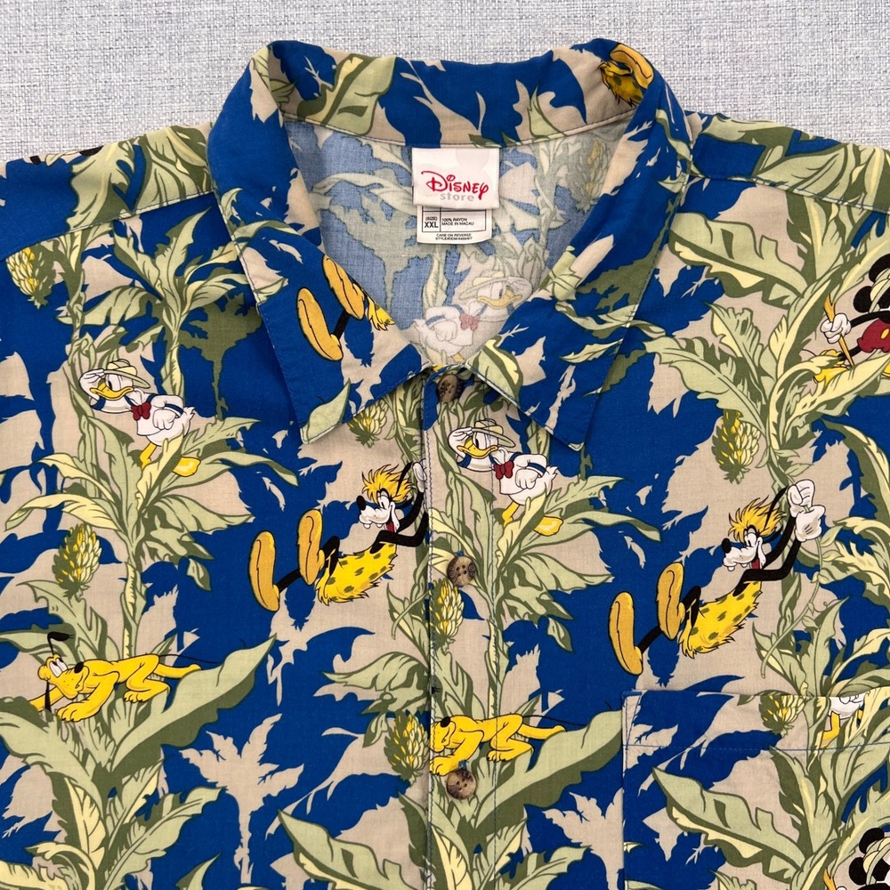 VTG Y2K Disney Store Hawaiian Shirt Mickey Donald Goofy Pluto Men XXL Blue Rayon - Picture 2 of 8